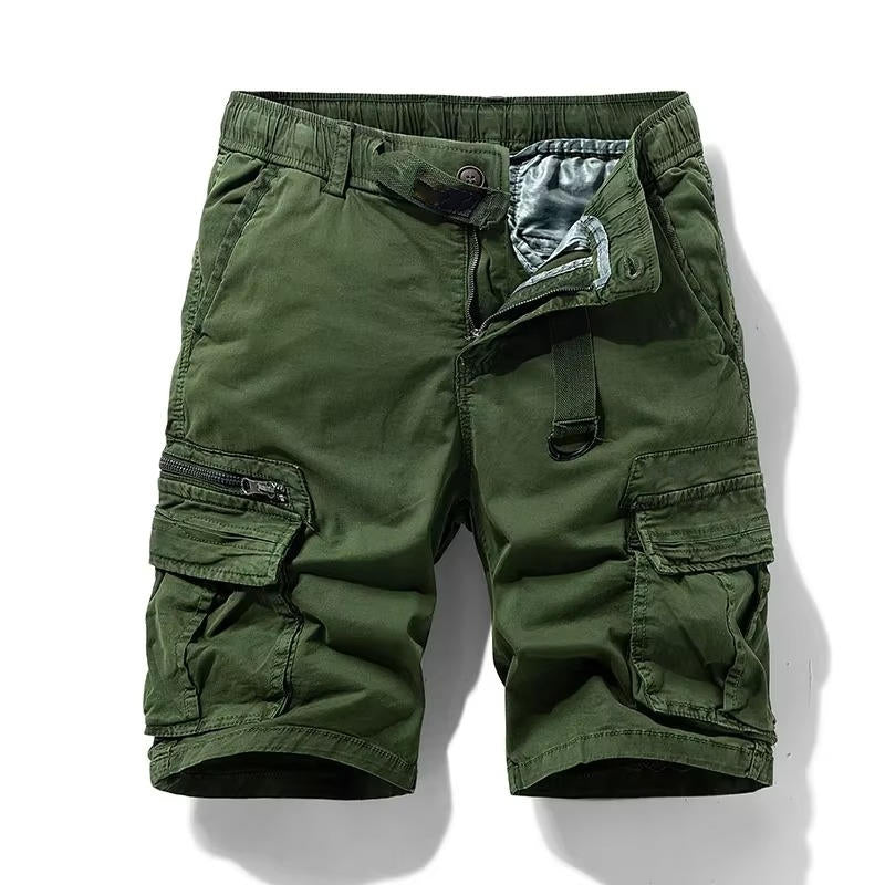 Men's camouflage cargo shorts knee-length cut with six-pocket utility system and elastic drawstring waist