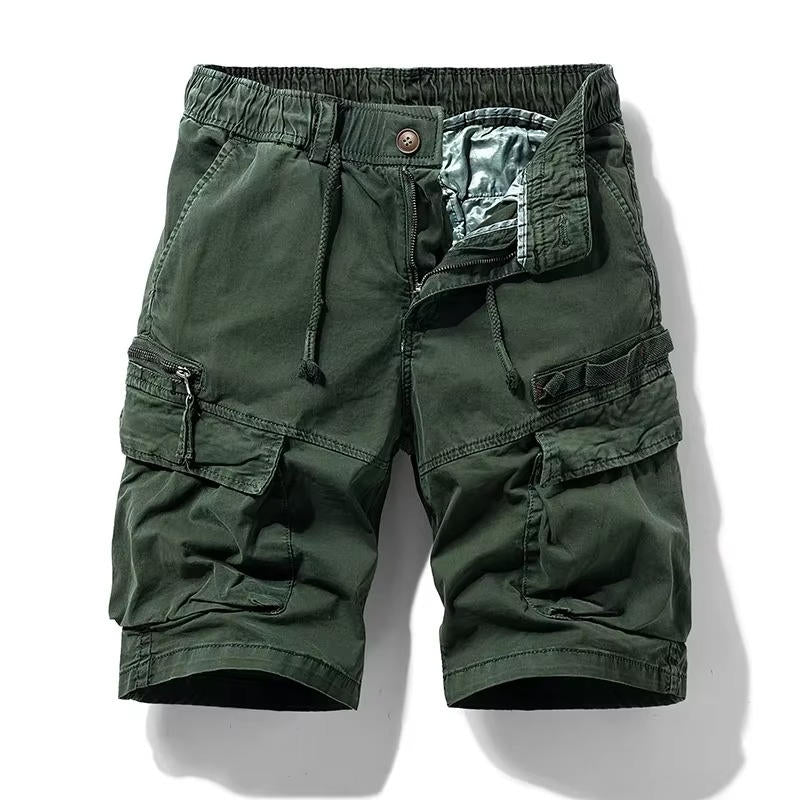 Men's camouflage cargo shorts knee-length cut with six utility pockets and elastic drawstring waistband