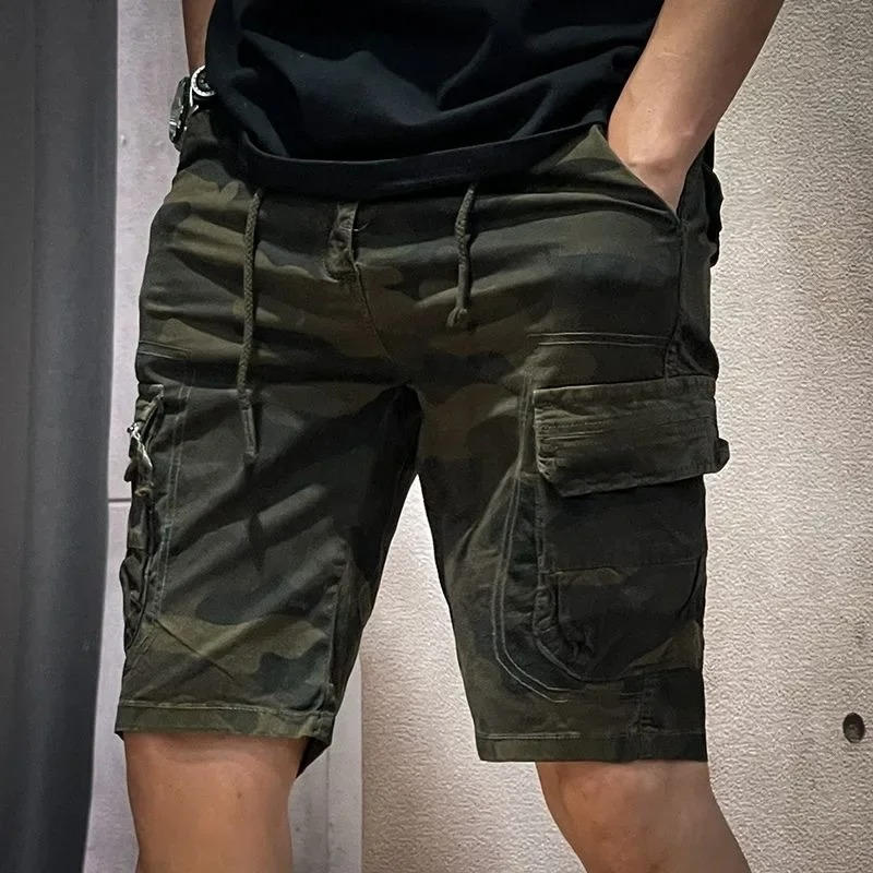 Men's camouflage cargo shorts knee-length cut with six utility pockets and elastic drawstring waistband