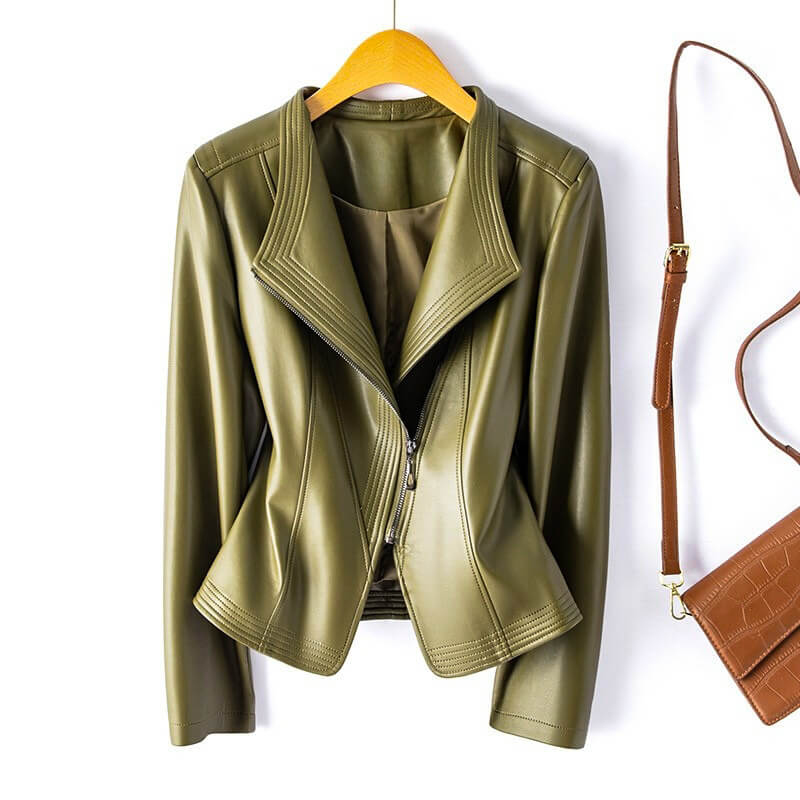 Black vegan leather women's jacket structured fit modern chic asymmetric closure elegant tailoring