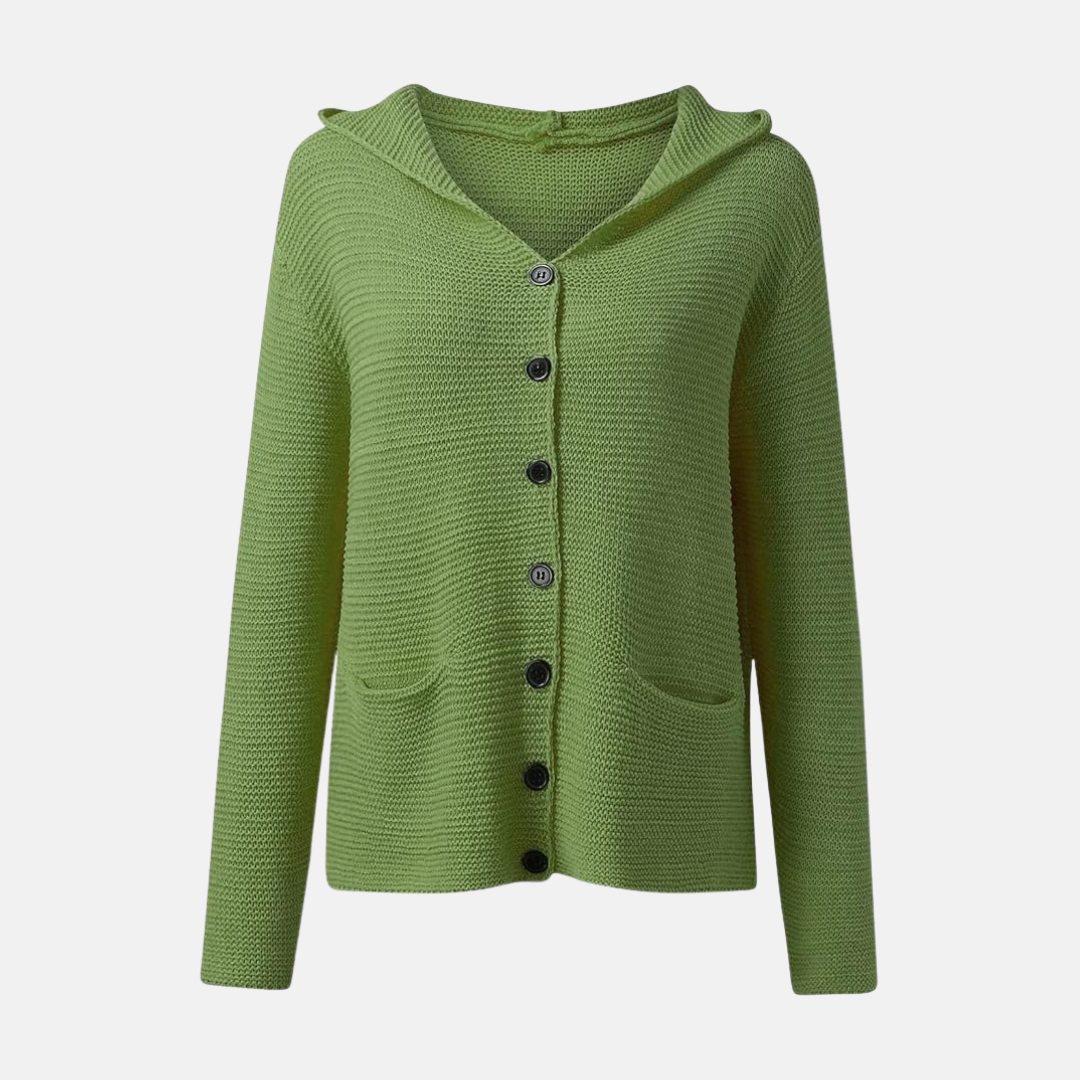 Women's hooded knit cardigan relaxed fit button front with patch pockets cozy everyday style