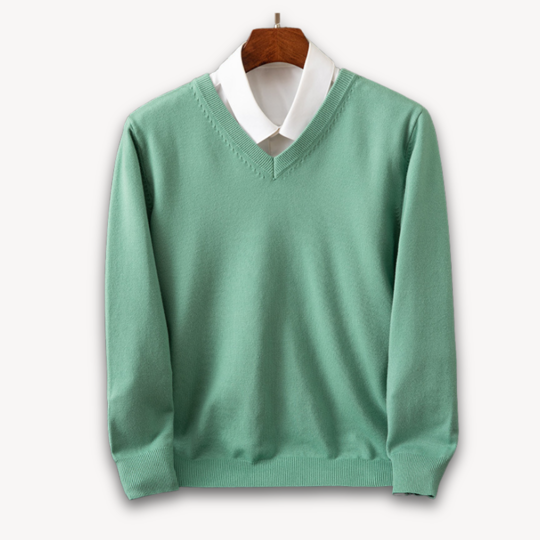 Men's grey slim fit V-neck sweater in soft wool knit blend with ribbed edges for versatile style