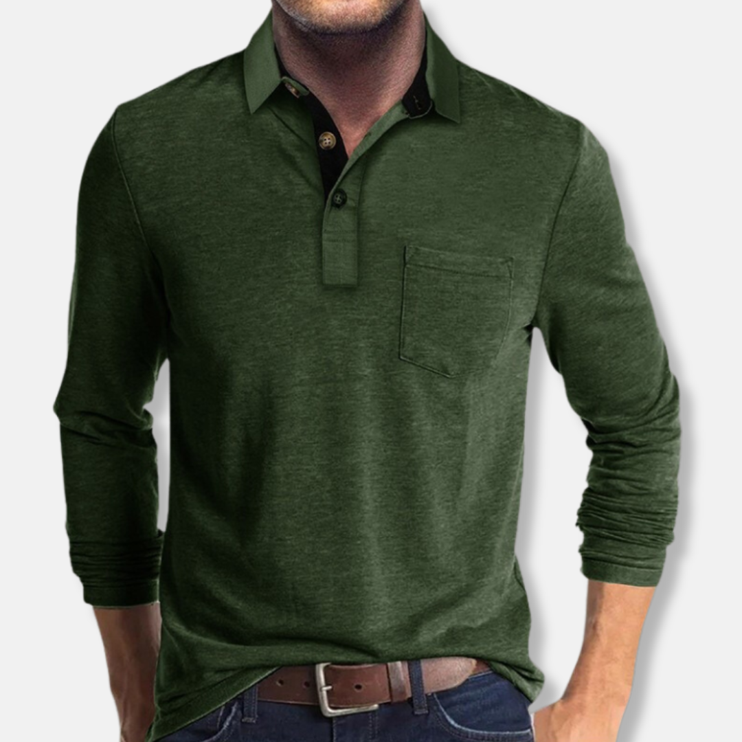 Men's navy cotton blend long sleeve polo shirt regular fit with contrast collar smart casual style