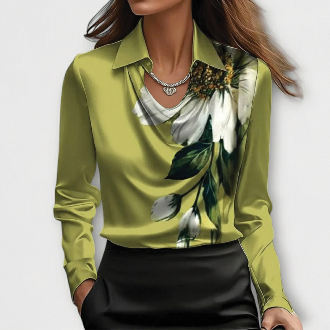 Women's scarlet satin slim-fit blouse with draped cowl neckline and luxurious sheen