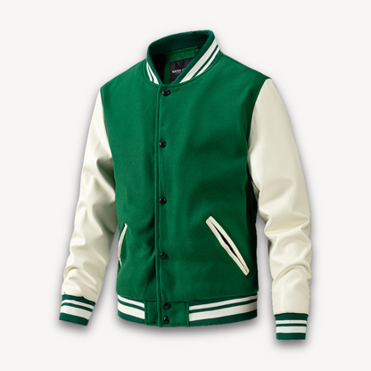 Men's classic fit varsity jacket with wool-look body, leather sleeves, and ribbed trim