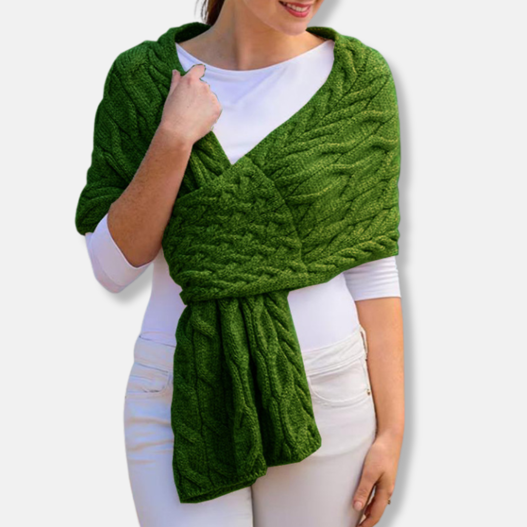 Women's long wool shawl scarf in cable knit pattern with elegant draped silhouette coverage