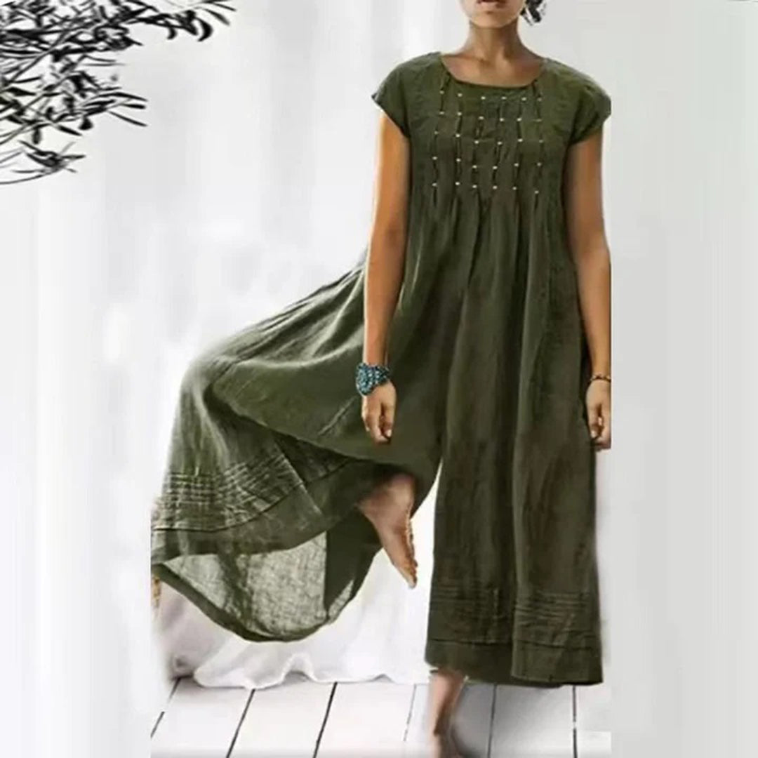 Women's long bohemian dress, airy cotton blend, short sleeves, round neck, lightweight flowy fit