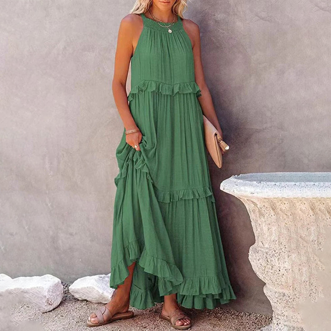 Women's sleeveless halterneck maxi dress, A-line silhouette, light airy fabric for effortless summer style
