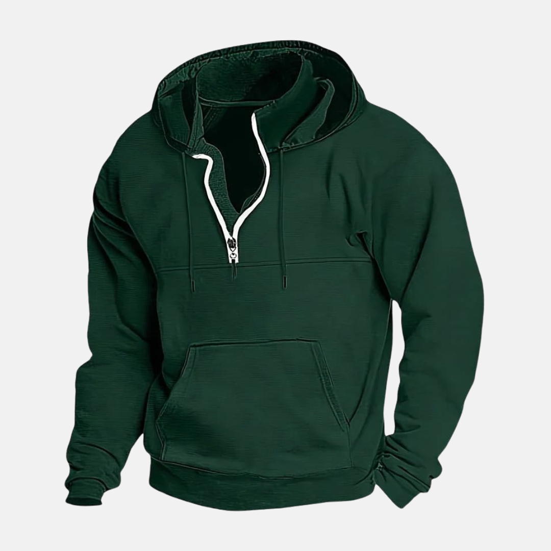 Men's cotton blend quarter-zip hoodie with layered collar, relaxed fit for everyday casual wear