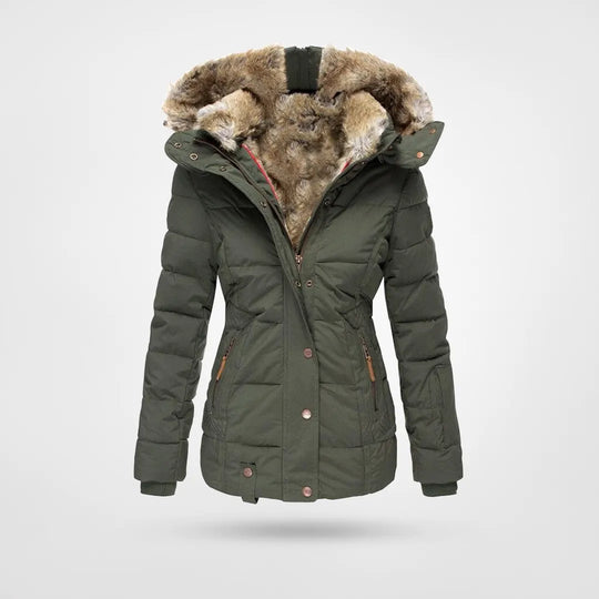 Women's black hooded padded jacket with fitted silhouette and faux fur-lined hood