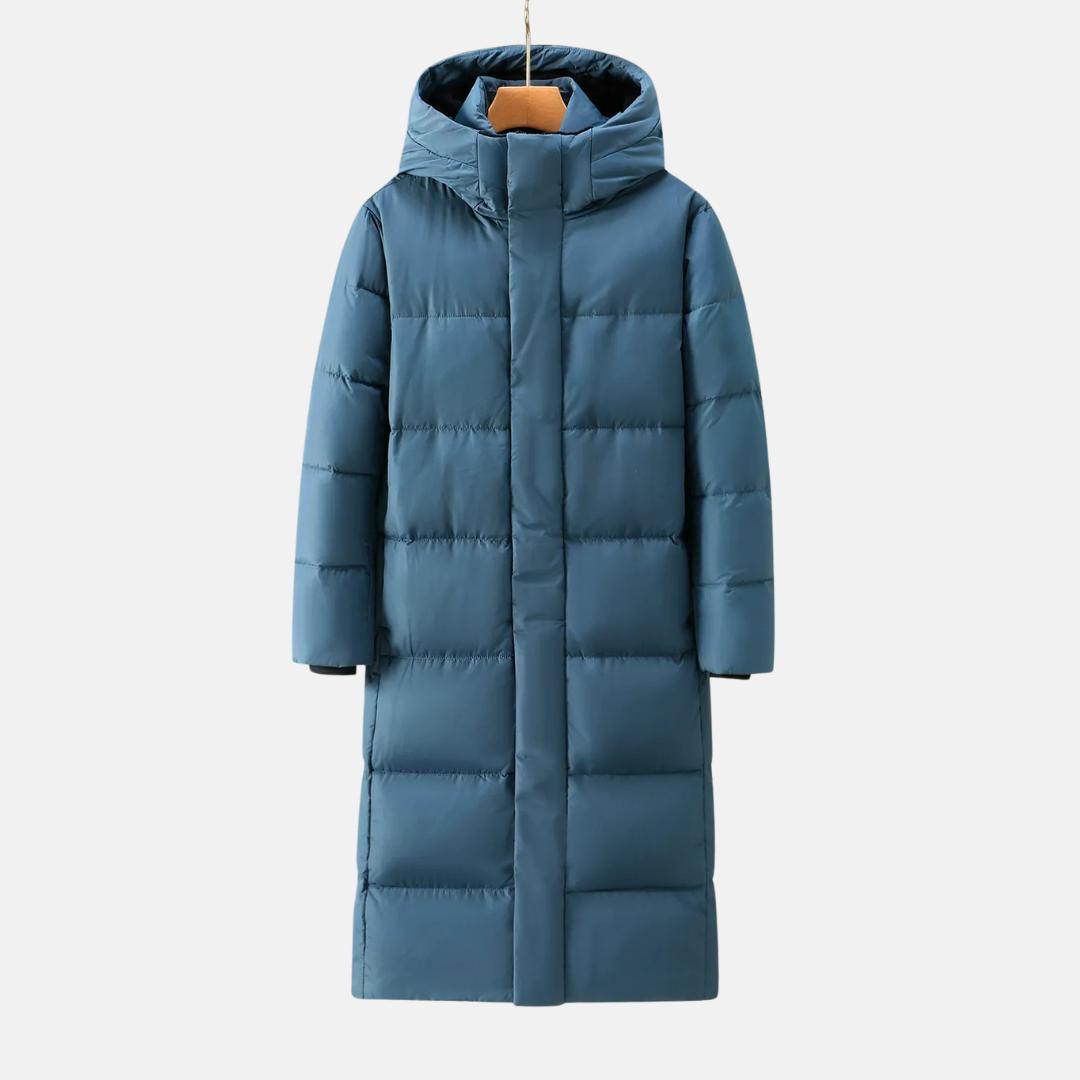 Men's full-length hooded quilted coat nylon blend relaxed fit with distinctive quilted stitching pattern