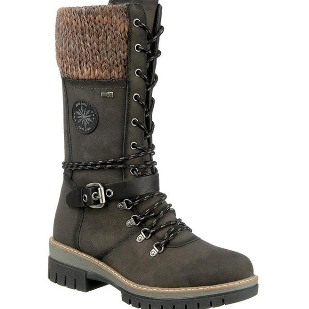 Women's tall lace-up winter boots in black with cozy knit cuff and side zipper closure