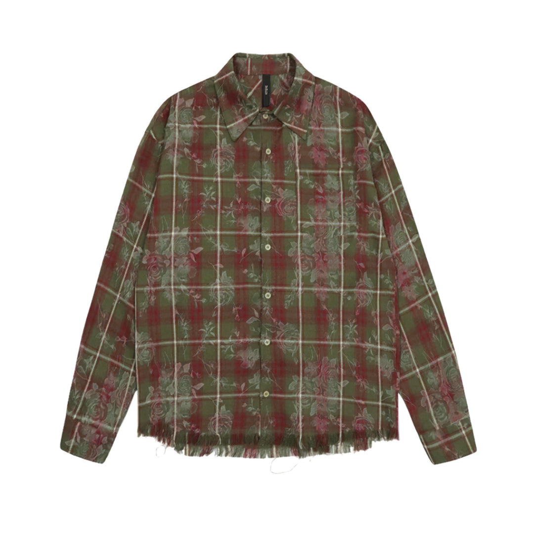 Rose plaid cotton patchwork shirt with frayed hem and floral overlay, multi-color casual style