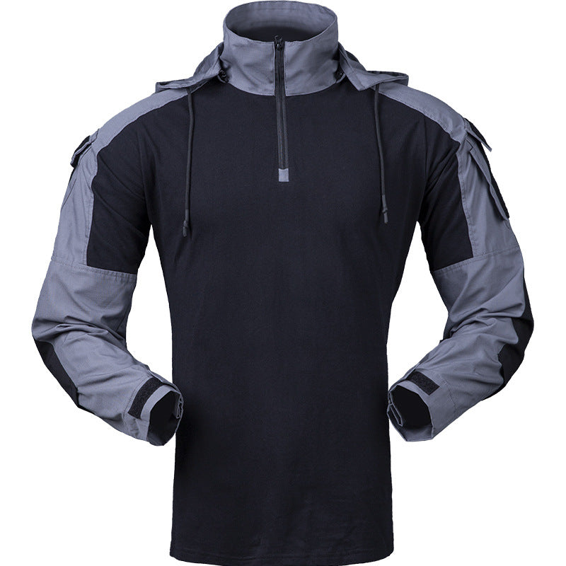 Striker tactical hooded jacket in dark tones, rugged outdoor fit with adjustable hood