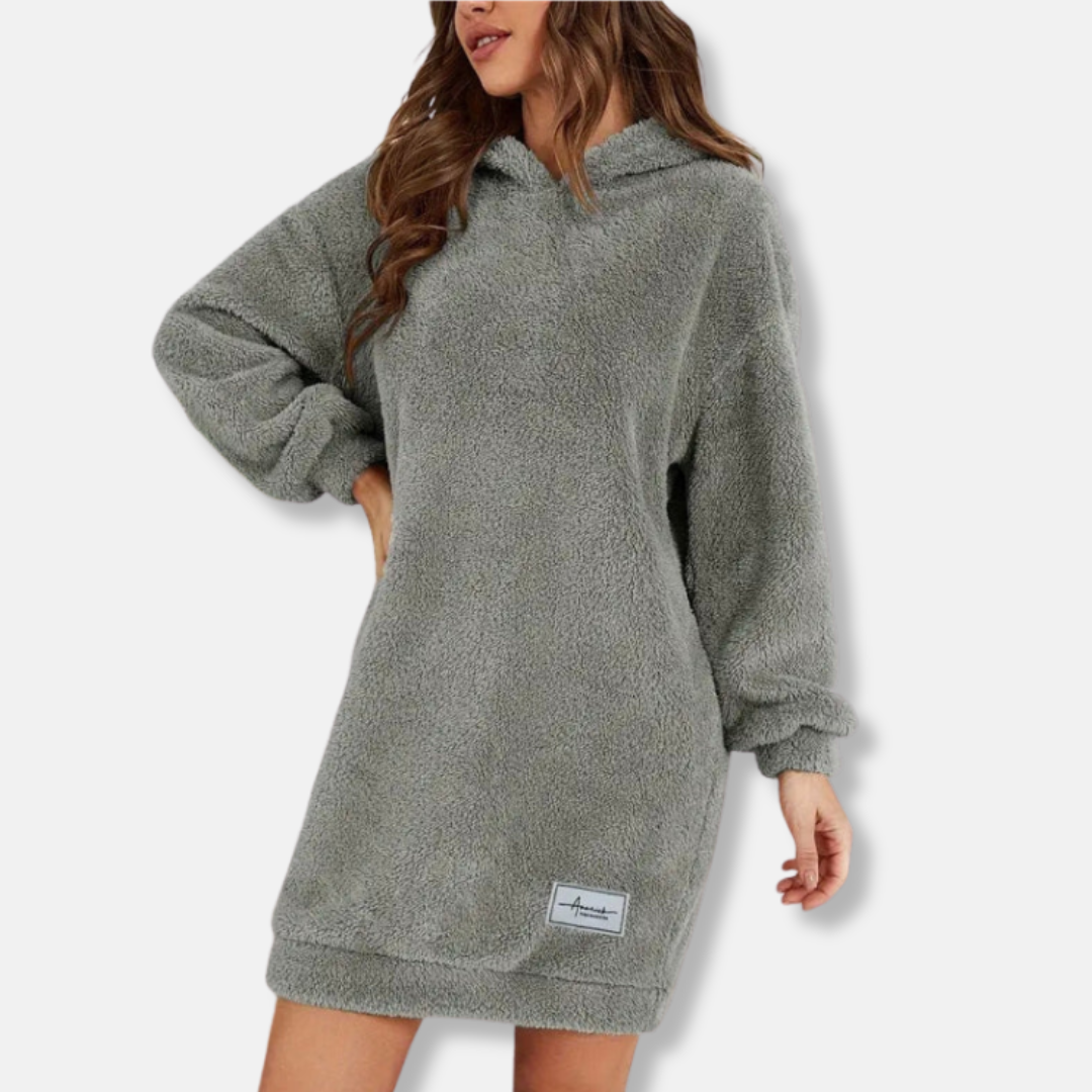 Women's oversized fleece hoodie mini dress long sleeve lounge wear with ribbed cuffs