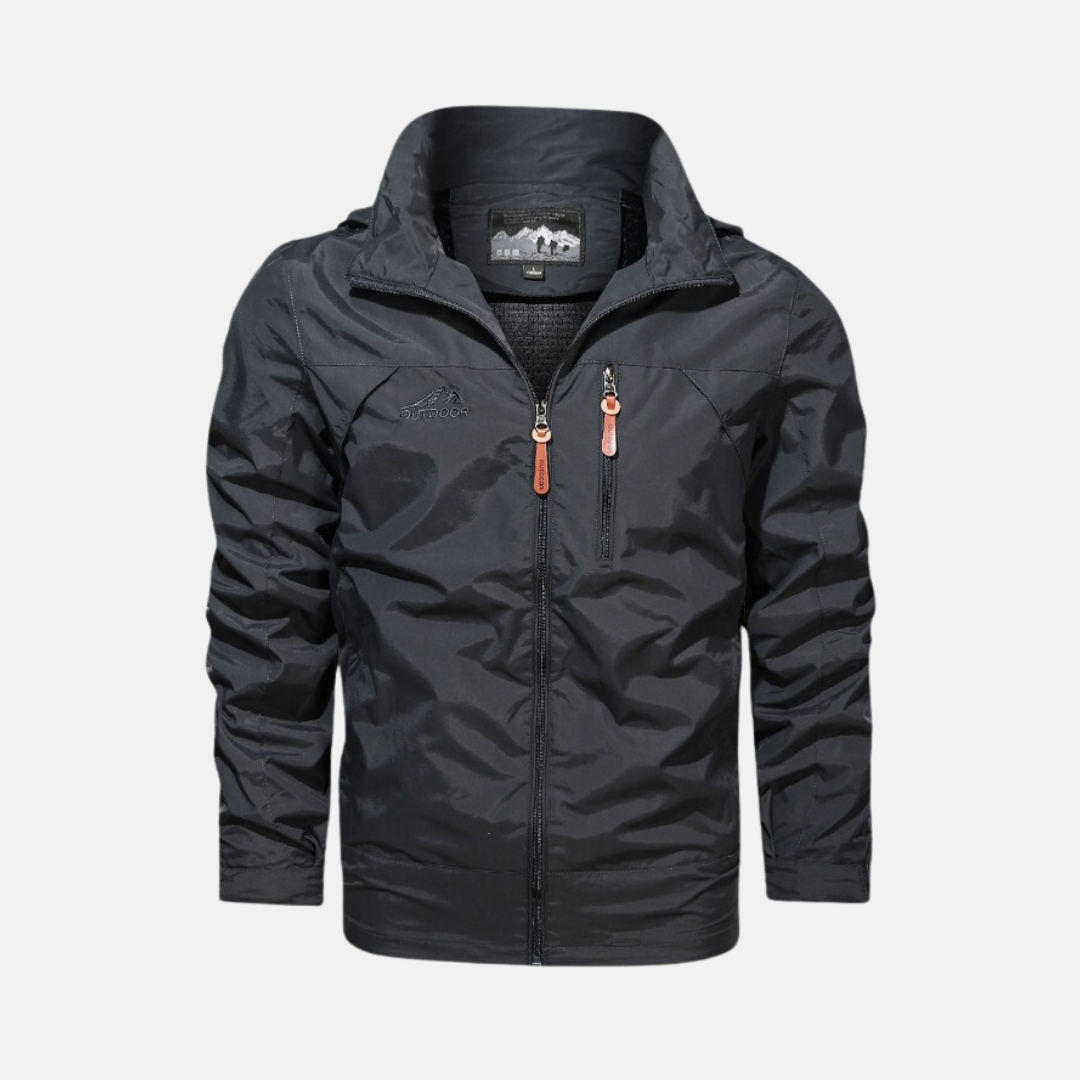 Men's lightweight water-resistant outdoor jacket high collar zip pockets trail-ready regular fit
