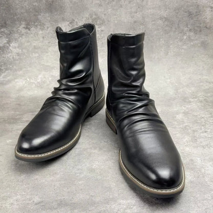 Men's black ruched leather boots side zip low heel cushioned insole Griffin Wavlynn