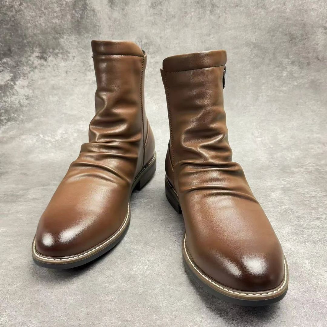 Men's black ruched leather boots with side zip, low heel, and cushioned insole by Griffin