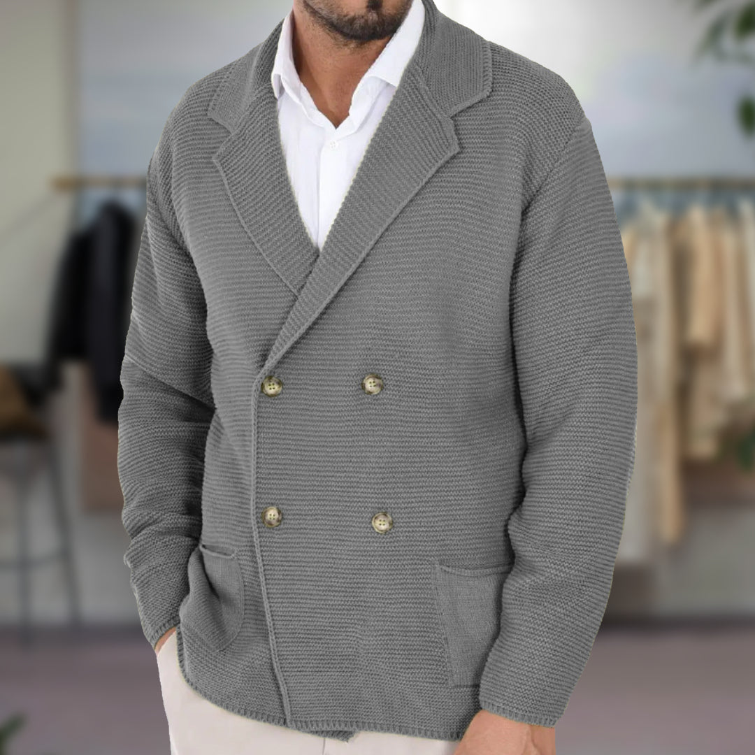 Navy double-breasted cardigan men tailored slim fit blazer-inspired knit closure breathable
