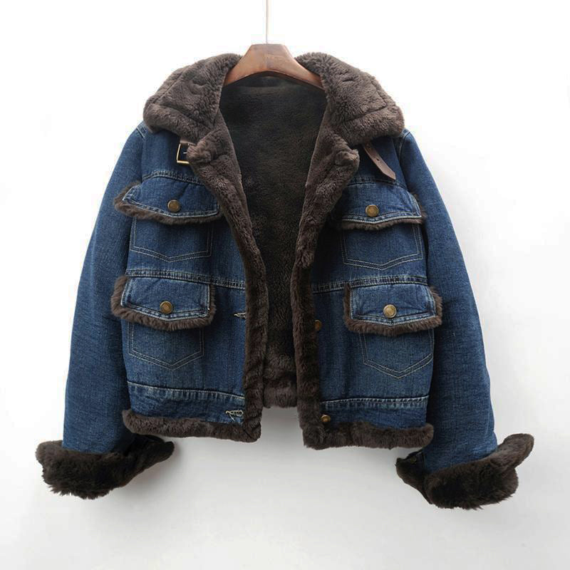 Beverly Coat Giuliana denim blue vintage-style oversized jacket with vegan mink lining