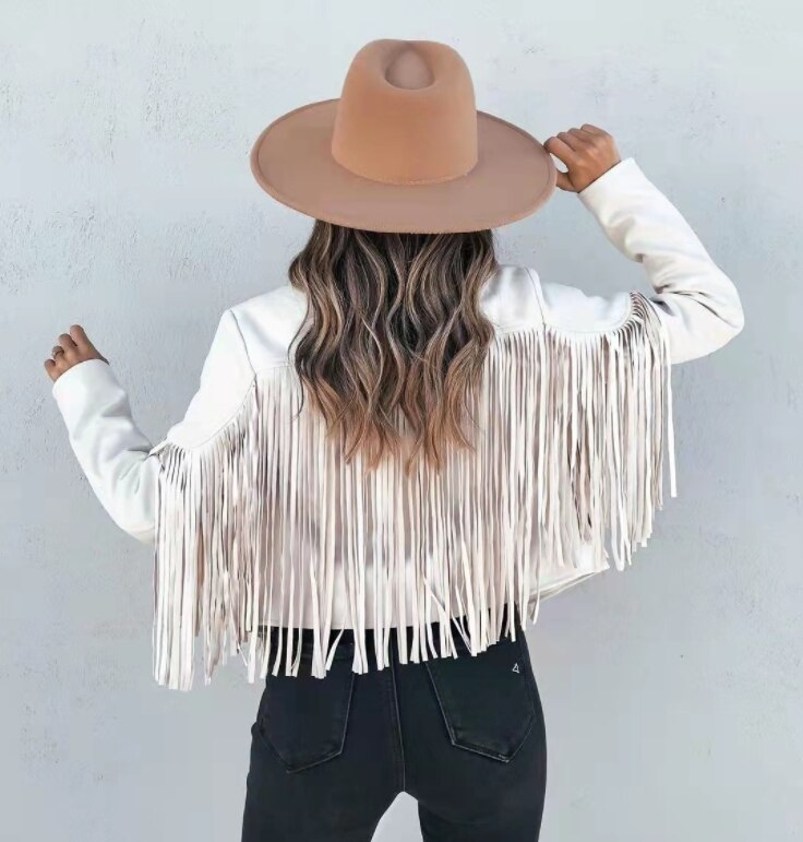 Wavlynn women's tan suede moto jacket with dramatic fringe detailing, slim biker cut