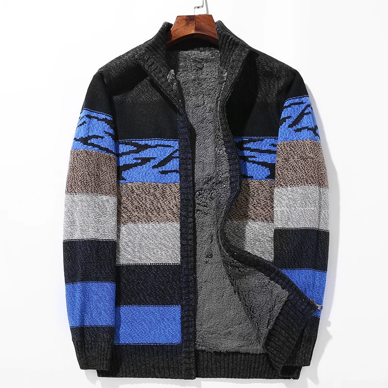 Color-block wool cardigan in bold patchwork tones, lightweight straight-fit silhouette with ribbed edges and sherpa fleece li