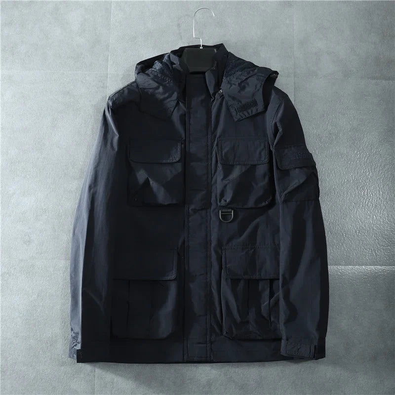 Hawk Down tactical jacket black multi-pocket waterproof design with removable hood and reinforced stitching