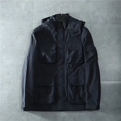 Hawk Down tactical jacket black multi-pocket waterproof design with removable hood and reinforced stitching