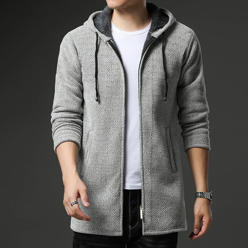 Men's chenille wool jacket zip front fleece lined hood ribbed cuffs relaxed fit warm versatile layer
