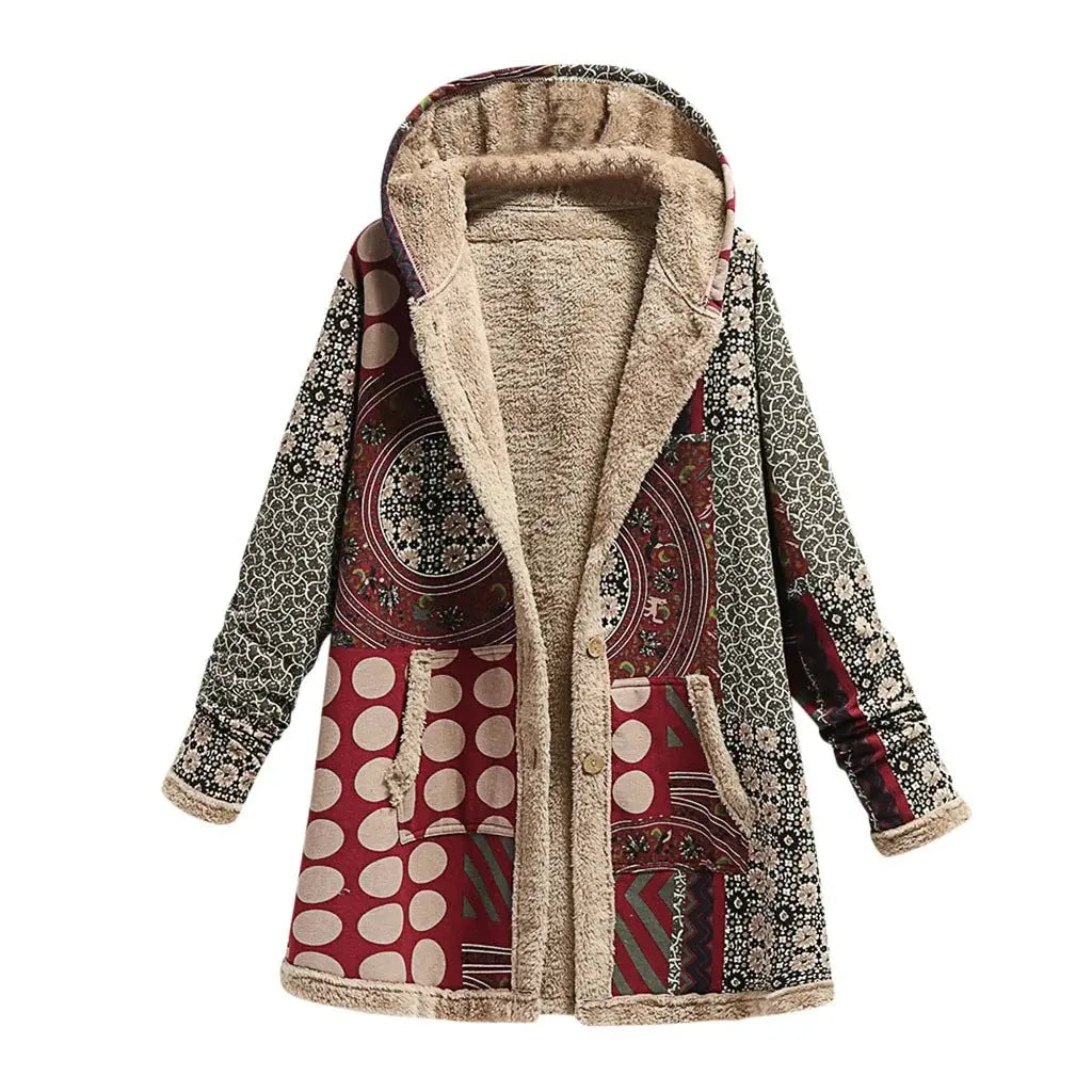 Women's vintage patchwork overcoat in multicolor cotton linen blend with handcrafted detailing