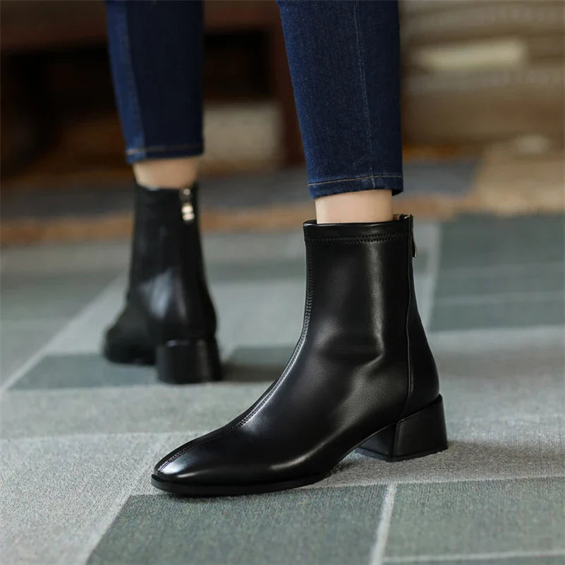 Women's genuine leather ankle boots round toe polished cowhide bold boundary daily wear style
