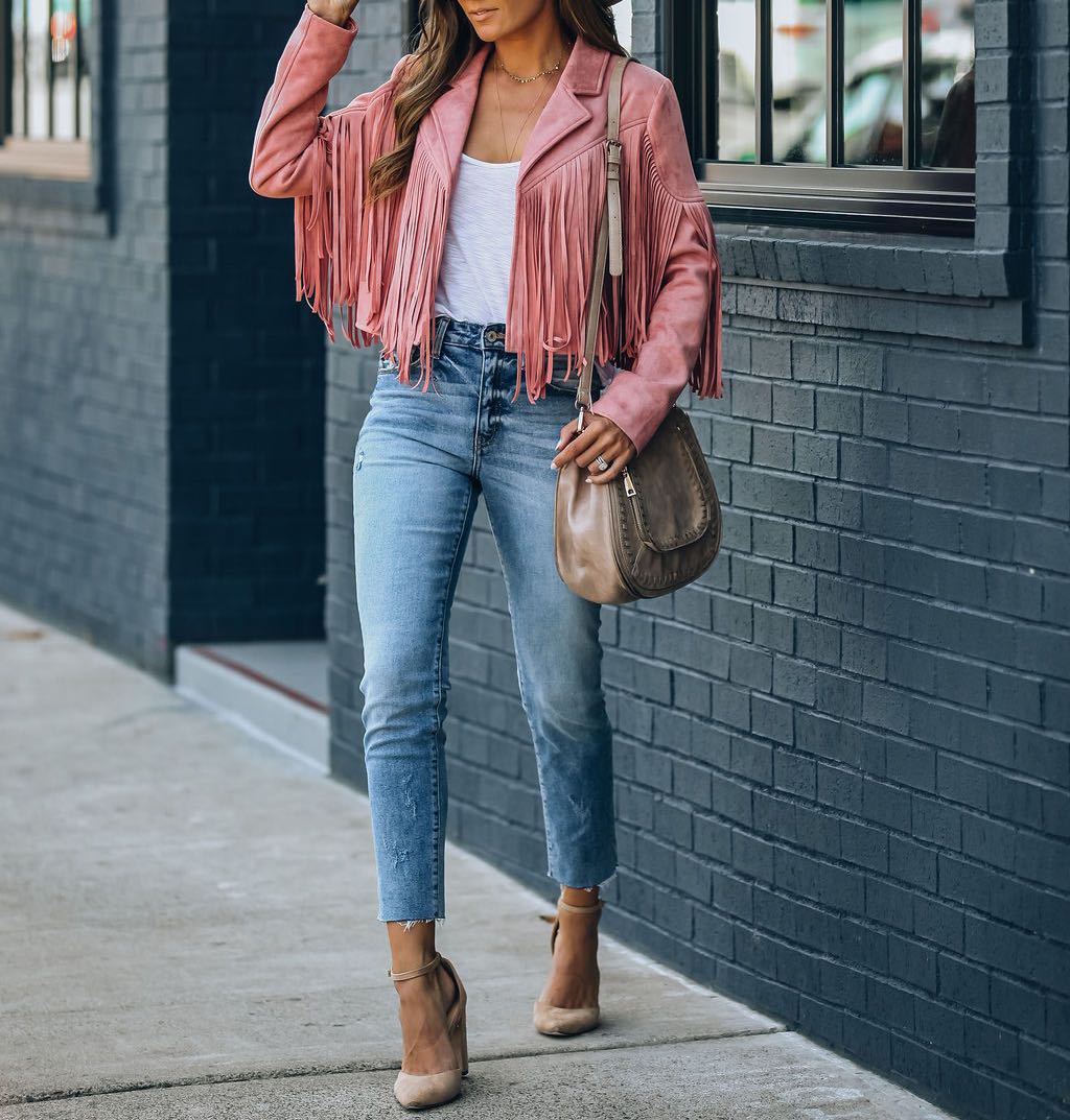 Wavlynn tan suede moto jacket with dramatic fringe detailing, women's biker style slim fit