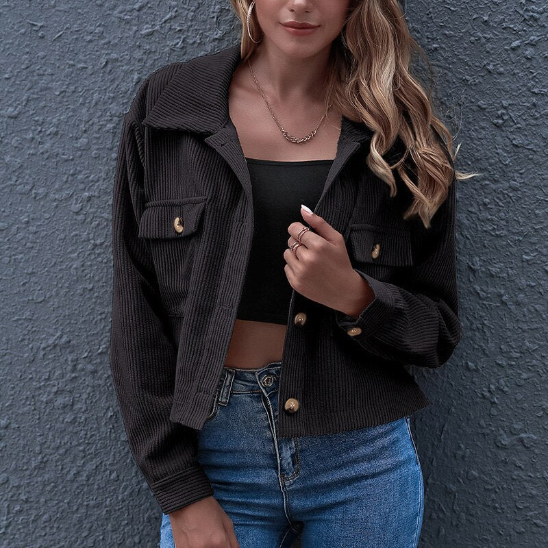 Women's cropped corduroy jacket casual chic style with button closure and chest pockets