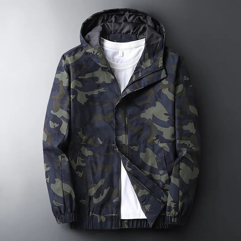 Men's camouflage tactical windbreaker hooded lightweight jacket with water-resistant shell