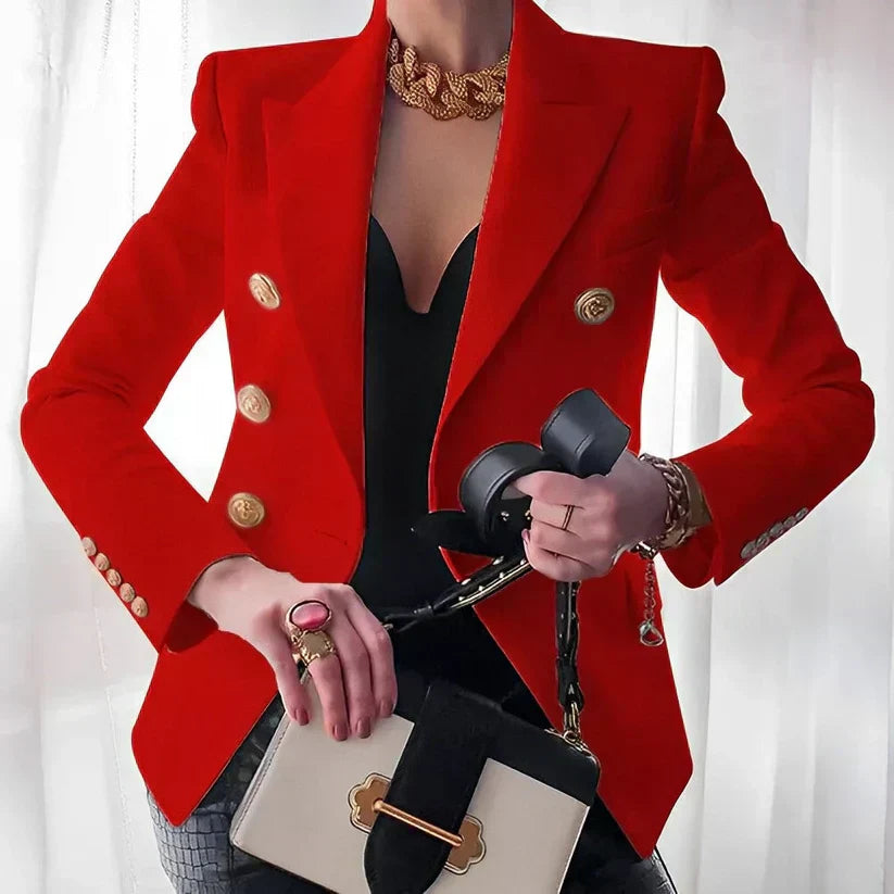 Women's classic double-breasted blazer tailored fit structured shoulders gold-tone buttons polished style