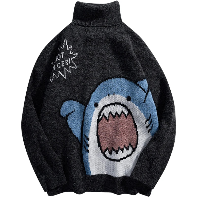 Gray oversized turtleneck knit jumper with bold Harajuku shark graphic print