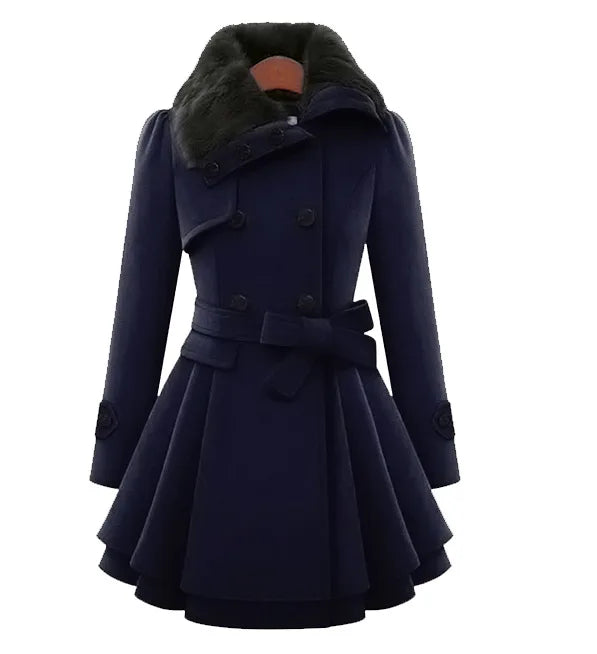 Women's wool trench coat in winter tones, double-breasted with fur collar and sherpa lining