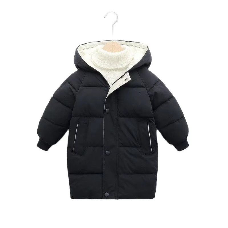 Children's long hoodie jacket thick winter coat navy blue sporty cut with front zip closure ages 4-10