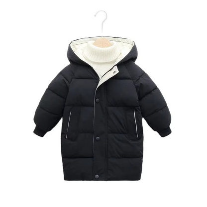 Children's long hoodie jacket thick winter coat navy blue sporty cut with front zip closure ages 4-10