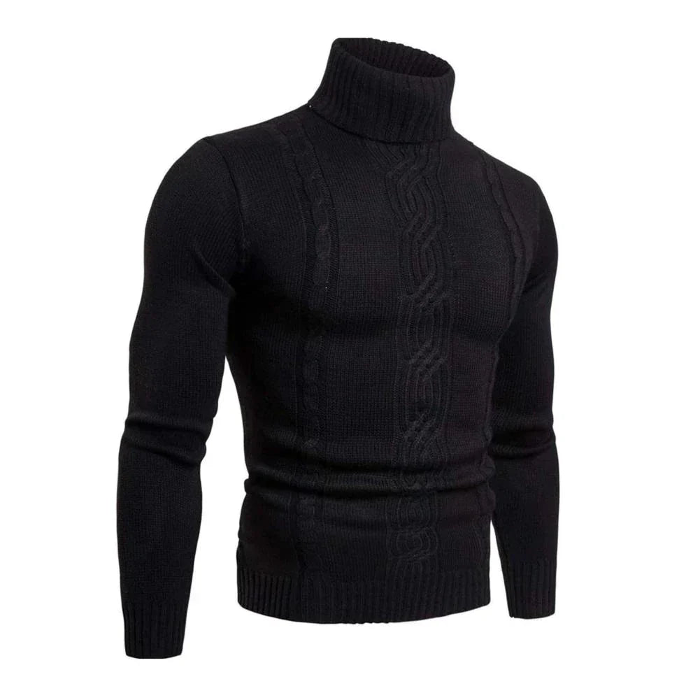 Men's thick cable knit turtleneck sweater in classic winter style with textured ribbed pattern