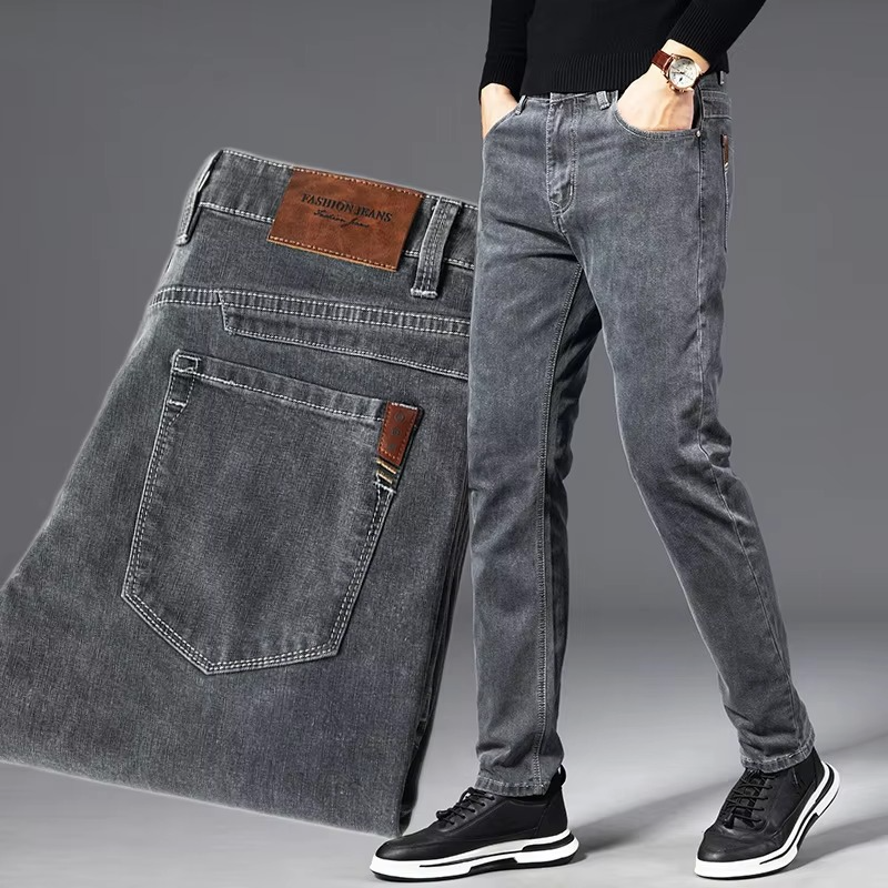 Men's black vintage wash straight fit stretch denim jeans with classic regular waist cut