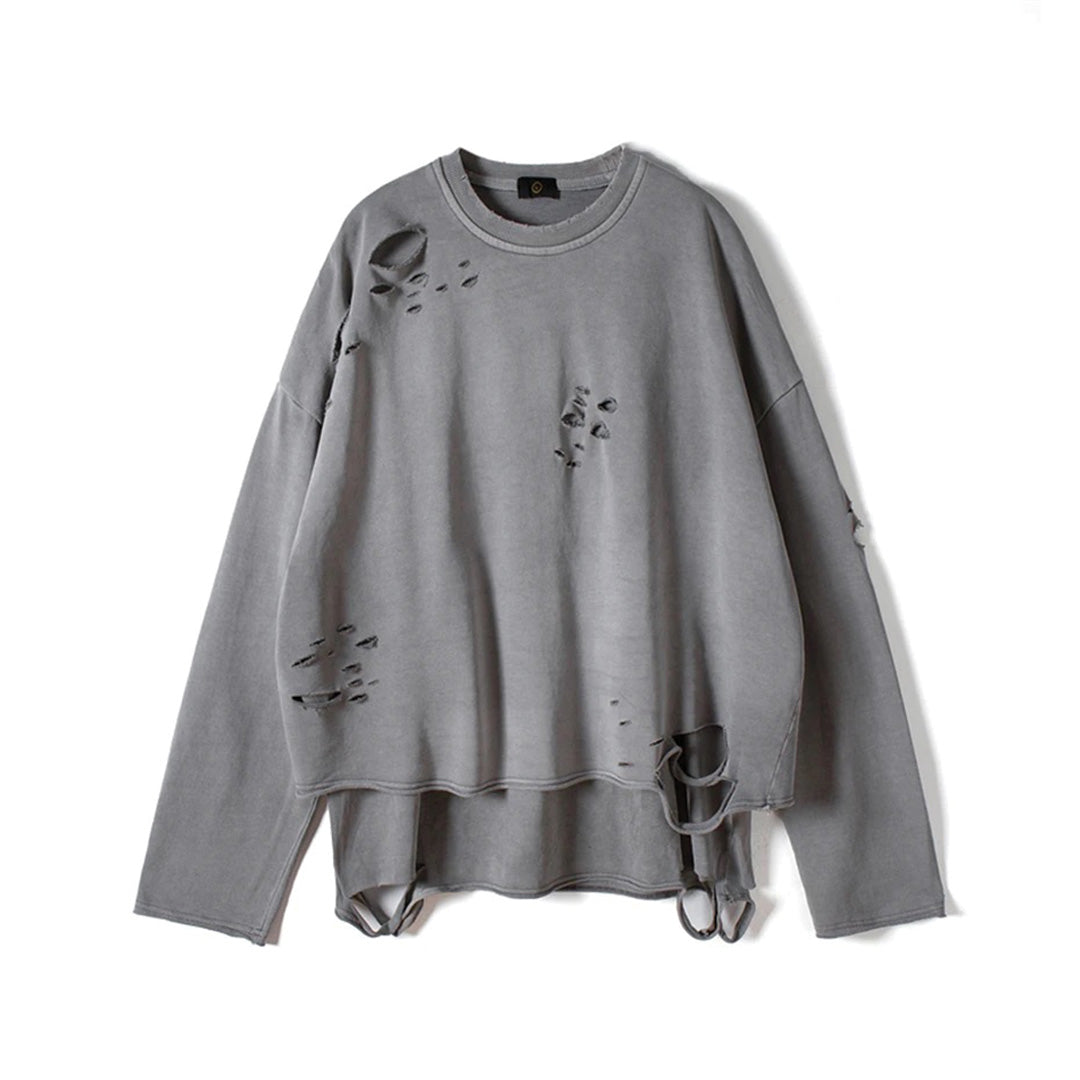 Oversized white destroyed longsleeve t-shirt with double-layer construction and raw distressed detailing