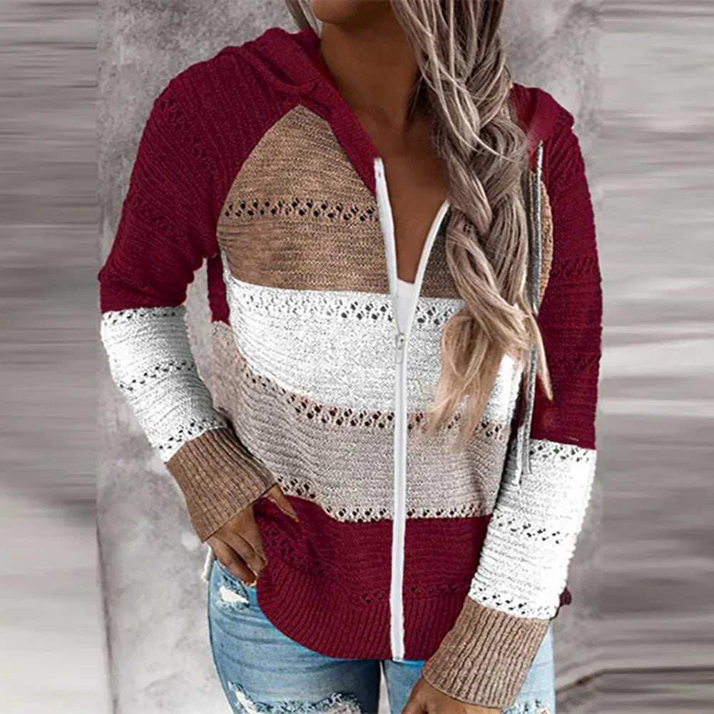 Women's relaxed fit cotton knit V-neck hoodie pullover top in textured pattern for everyday style
