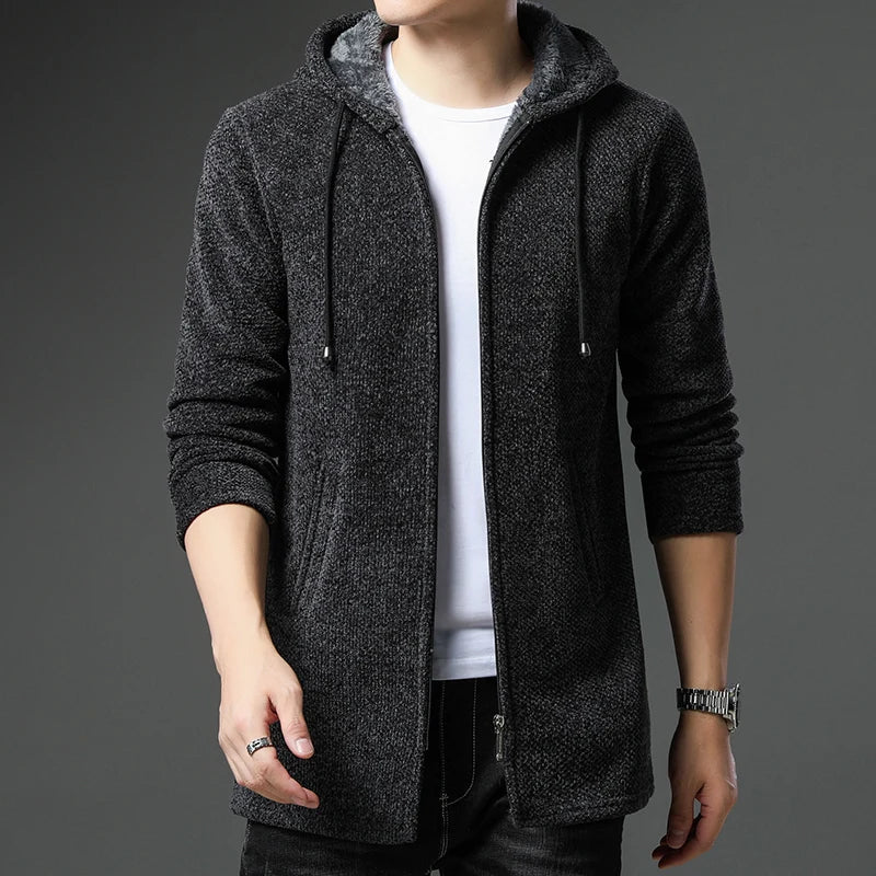 Men's chenille wool jacket navy blue relaxed fit zip front fleece lined hood ribbed cuffs
