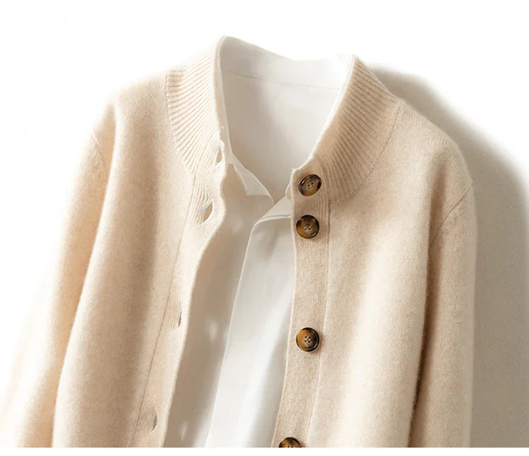 Aveline Park ivory cashmere cardigan high neck ribbed cuffs prominent brown buttons ultra-soft