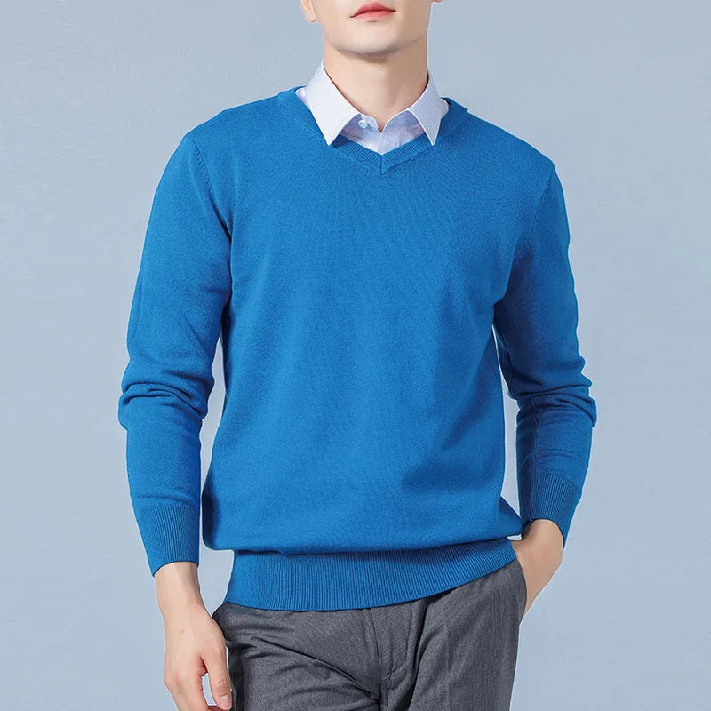 Charcoal wool blend V-neck sweater with refined business casual cut and temperature-regulating fabric