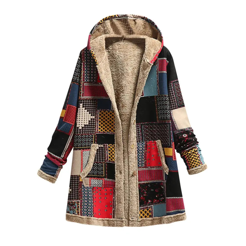Women's patchwork overcoat in vintage multicolor cotton linen blend with handcrafted detailing