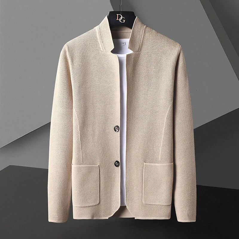 Wavlynn men's slim-fit cashmere knit cardigan with stand collar and deep pockets