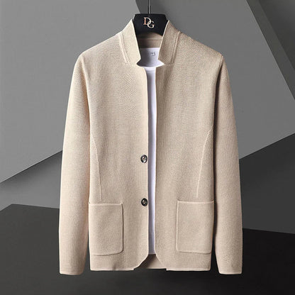 Wavlynn men's slim-fit cashmere knit cardigan with stand collar and deep pockets