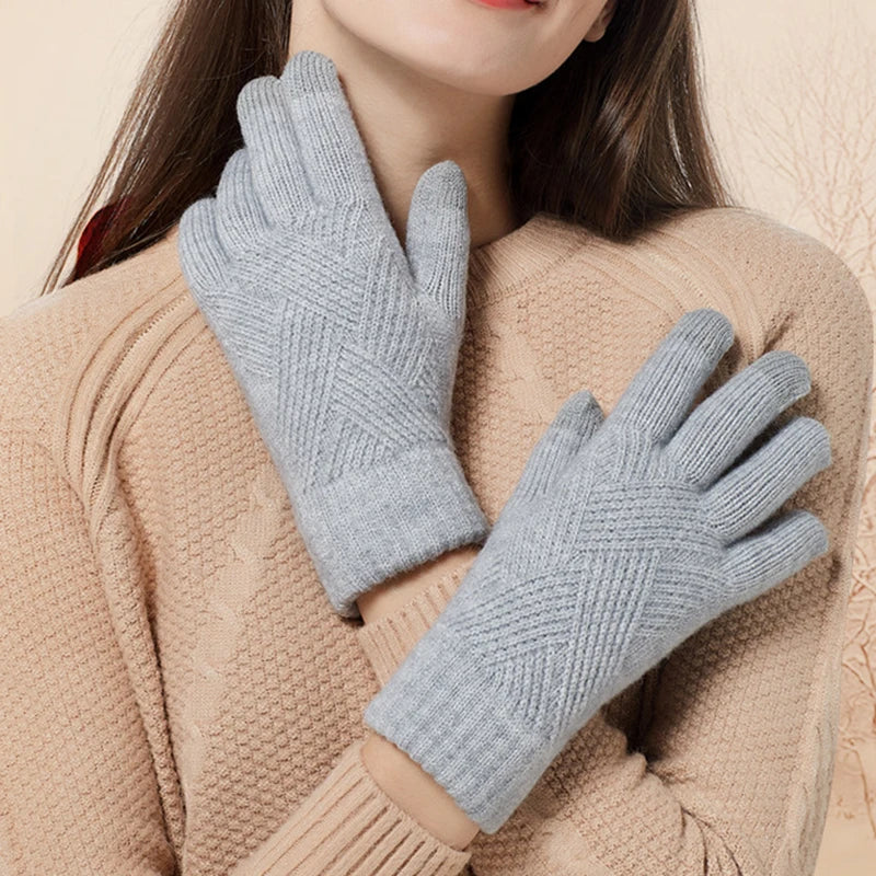 Diamond knit cashmere blend gloves with ridged texture, double-layer thickness, and touchscreen-compatible fingertips